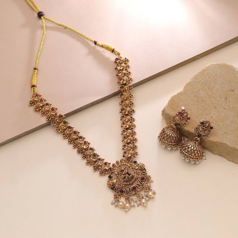 Maroon & green color temple necklace set festive look
