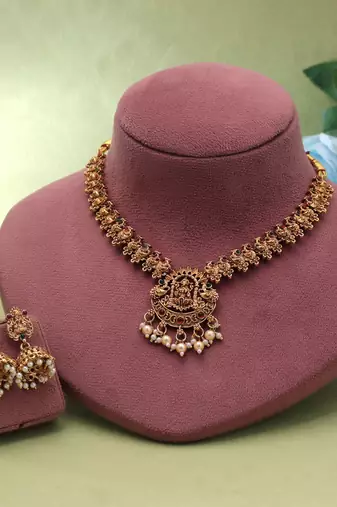 Maroon & green color temple necklace set festive look