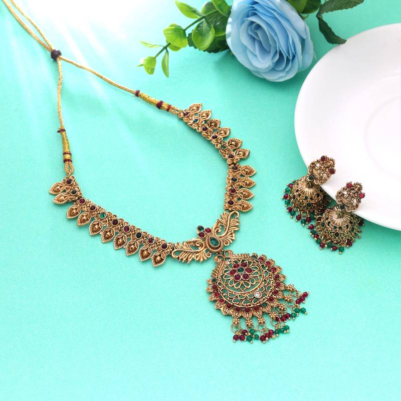 Rani & green color temple necklace set bridal necklace