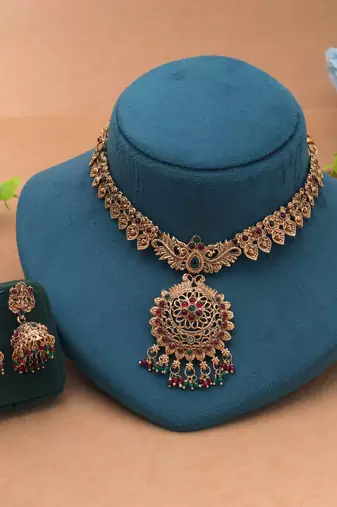 Rani & green color temple necklace set bridal necklace