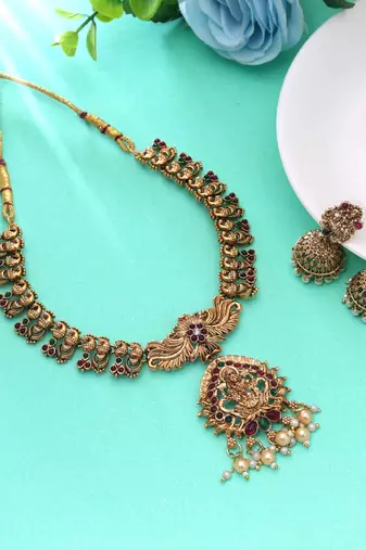 Maroon & green color temple necklace set goddess motif