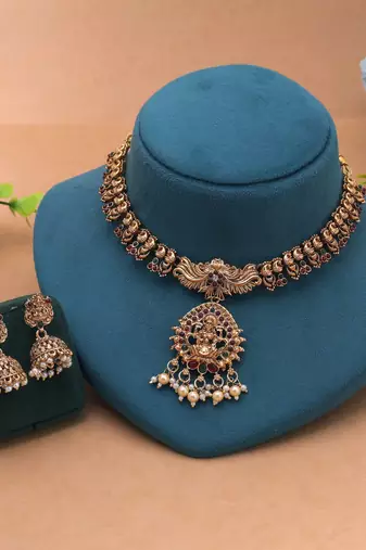 Maroon & green color temple necklace set goddess motif