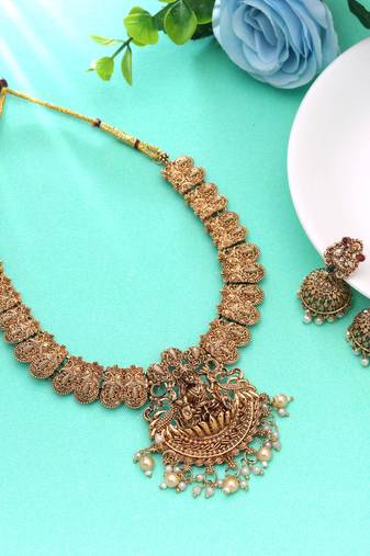 Gold color temple necklace set matte traditional finish