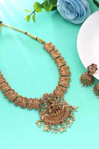 Gold color temple necklace set matte traditional finish