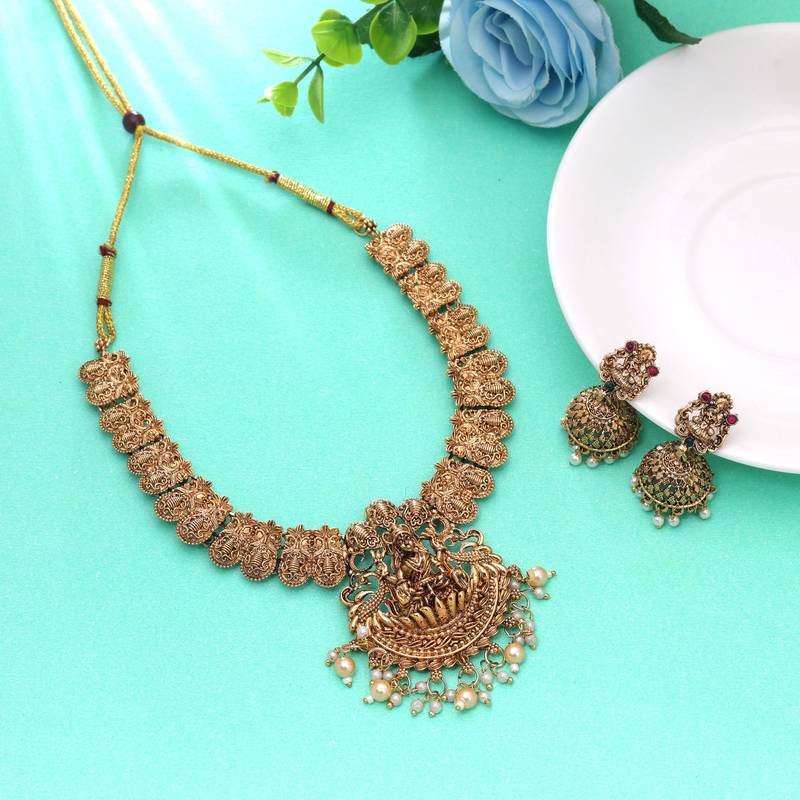 Gold color temple necklace set matte traditional finish