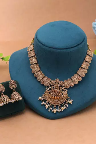 Gold color temple necklace set matte traditional finish