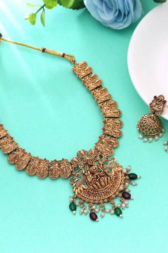 Maroon & green color temple necklace set designer work