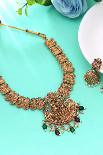 Maroon & green color temple necklace set designer work
