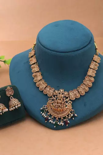 Maroon & green color temple necklace set designer work