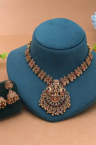 Maroon & green color temple necklace set bridal touch