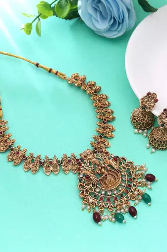 Maroon & green color temple necklace set south indian style