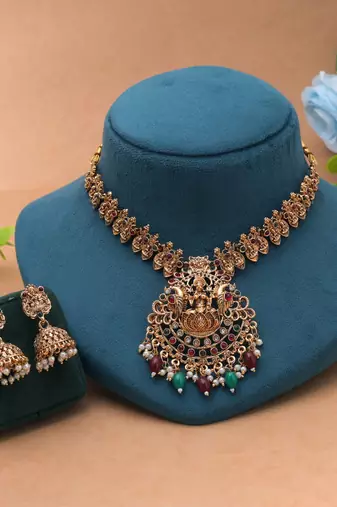 Maroon & green color temple necklace set south indian style