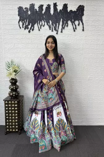 New Designer Print With Real Mirror Work Women's Lehenga Choli With Dupatta Set