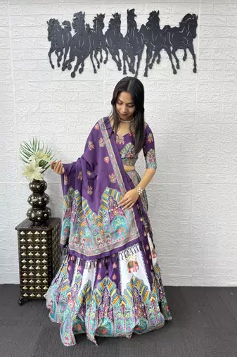 New Designer Print With Real Mirror Work Women's Lehenga Choli With Dupatta Set