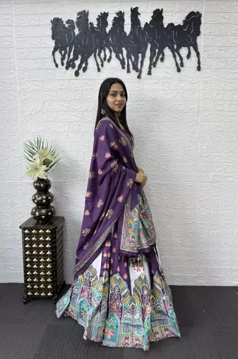 New Designer Print With Real Mirror Work Women's Lehenga Choli With Dupatta Set