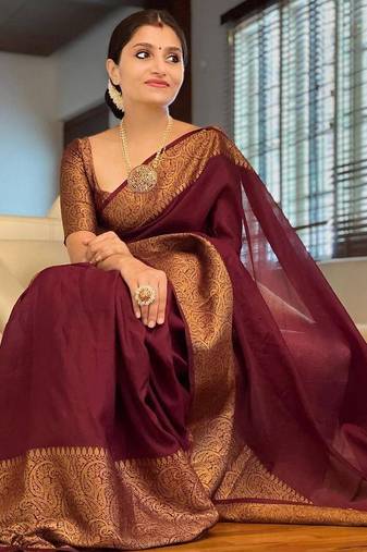 Marron Color Organic Banarasi Sarees For Indian Wedding