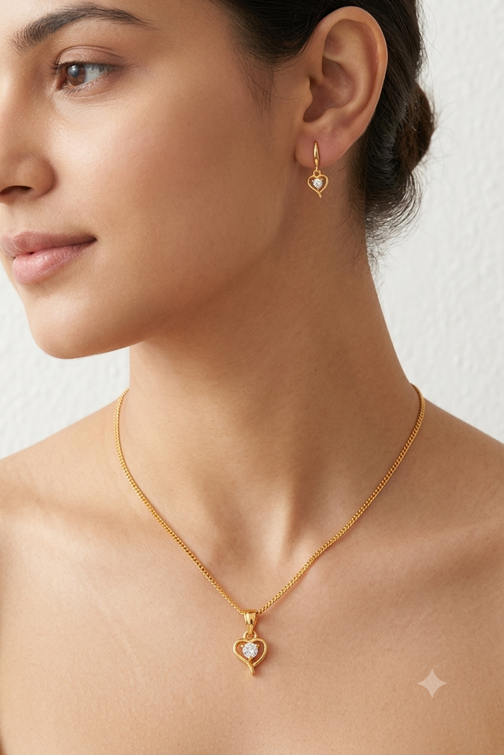Golden chain with diamond pendant and earring set one gram gold