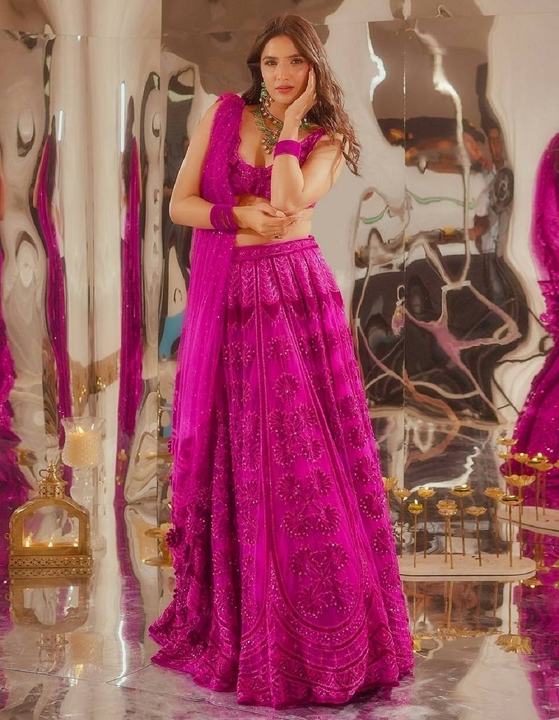 Pink Embroidered Lehenga Choli Set with Dupatta
