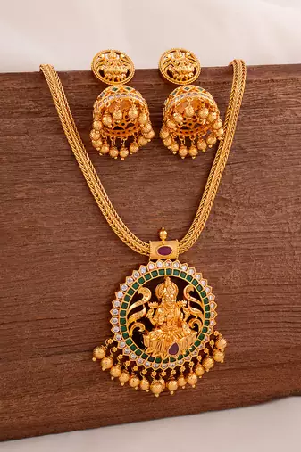 Golden temple jewellery necklace with jhumki earrings set one gram gold No.915