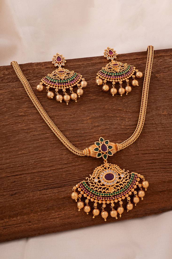 Golden necklace with earrings  set  and AD stones one gram gold No.1389