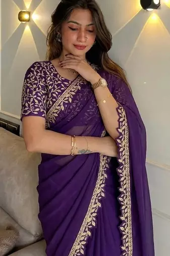 Intriguing blue embroidery cutwork work lace border rangoly silk latest designer traditional saree