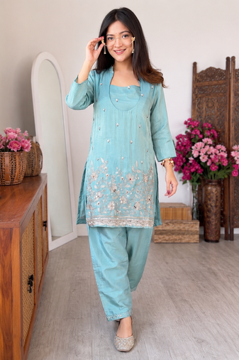 Aqua rama silk crepe kurta & blouse with palazzo set