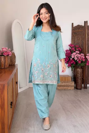Aqua rama silk crepe kurta & blouse with palazzo set
