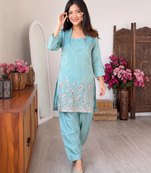 Aqua rama silk crepe kurta & blouse with palazzo set