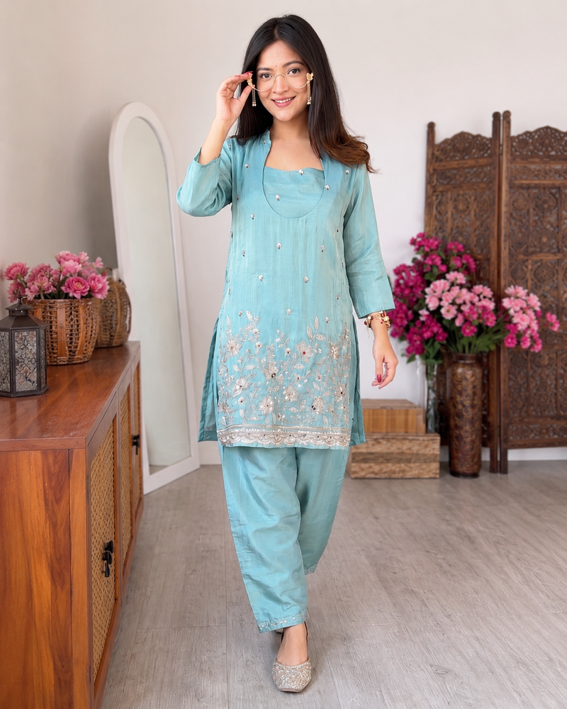 Aqua rama silk crepe kurta & blouse with palazzo set