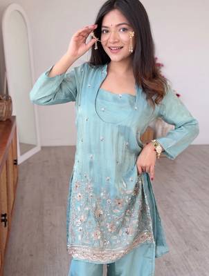 Aqua rama silk crepe kurta & blouse with palazzo set 2