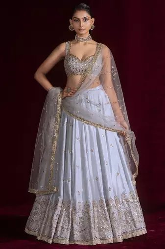 Grey Embroidered Lehenga Choli Set with Net Dupatta