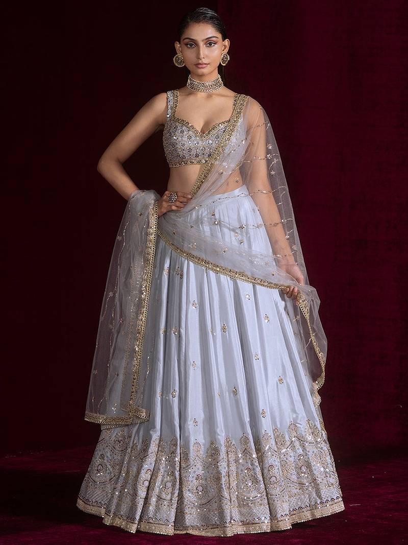 Grey Embroidered Lehenga Choli Set with Net Dupatta