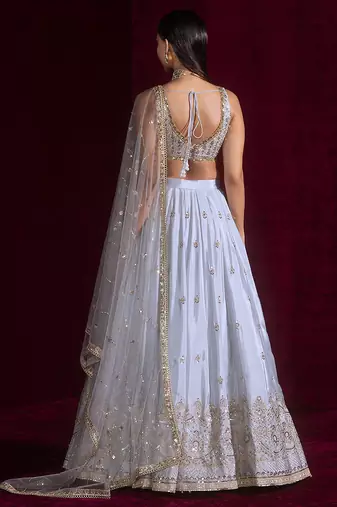 Grey Embroidered Lehenga Choli Set with Net Dupatta