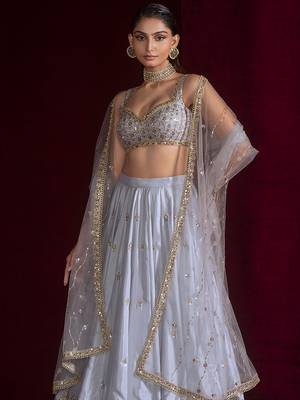 Grey Embroidered Lehenga Choli Set with Net Dupatta 3