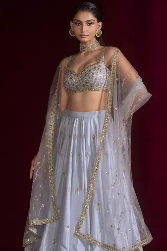 Grey Embroidered Lehenga Choli Set with Net Dupatta