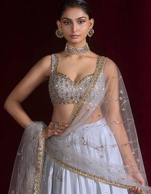 Grey Embroidered Lehenga Choli Set with Net Dupatta 4