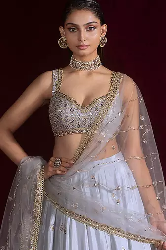 Grey Embroidered Lehenga Choli Set with Net Dupatta