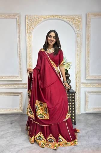 New Fancy Patch Work Maroon Color Lehenga Choli With Dupatta Set For Women's