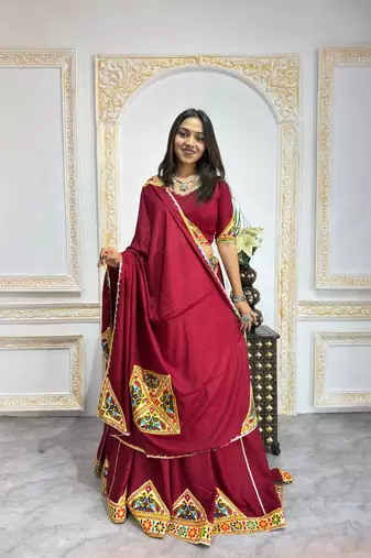 New Fancy Patch Work Maroon Color Lehenga Choli With Dupatta Set For Women's