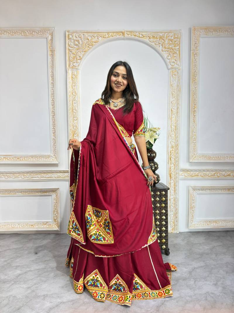 New Fancy Patch Work Maroon Color Lehenga Choli With Dupatta Set For Women's