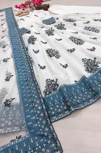 Teal blue heavy georgette embroidered gown set with organza dupatta