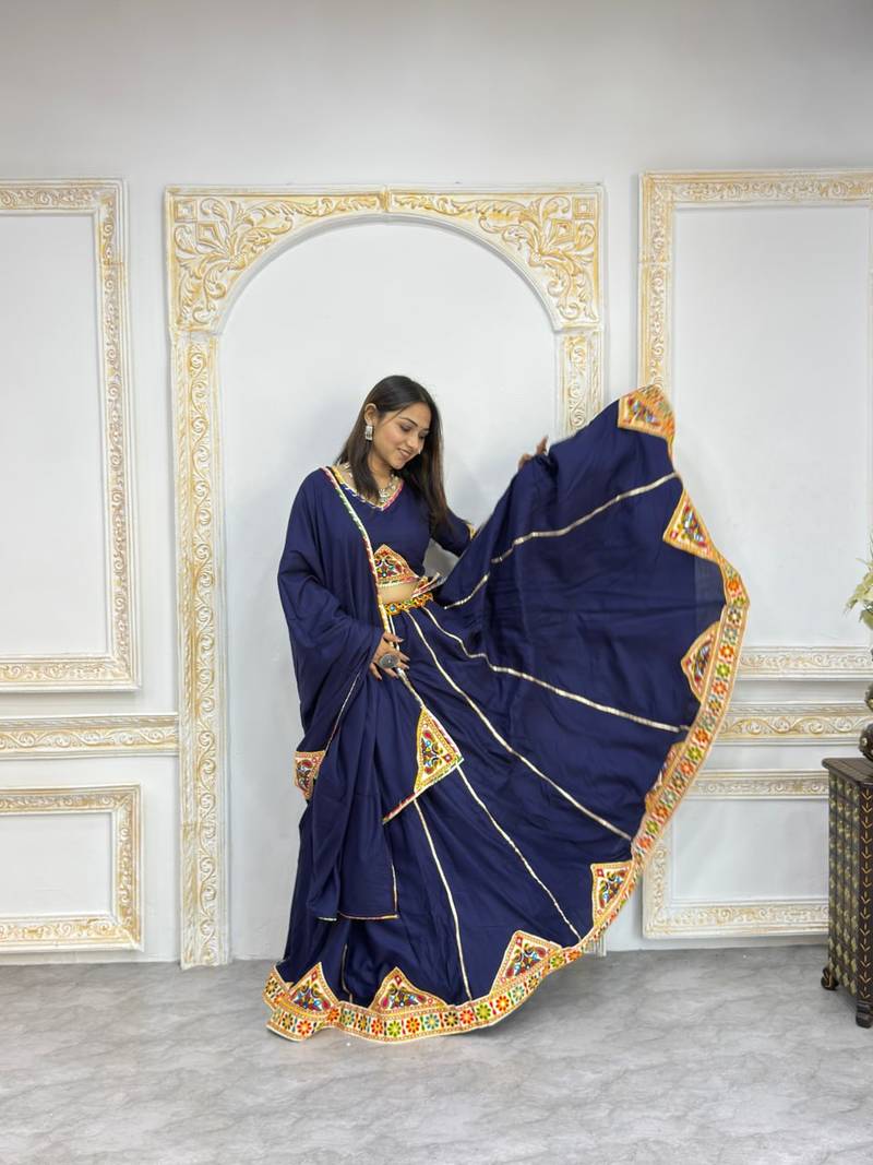 New Fancy Navy Blue Color Patch Work Lehenga Choli With Dupatta Set For Women's