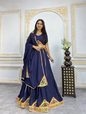 New Fancy Navy Blue Color Patch Work Lehenga Choli With Dupatta Set For Women's 2