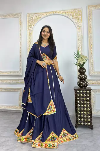 New Fancy Navy Blue Color Patch Work Lehenga Choli With Dupatta Set For Women's