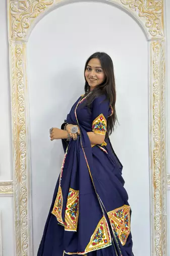 New Fancy Navy Blue Color Patch Work Lehenga Choli With Dupatta Set For Women's