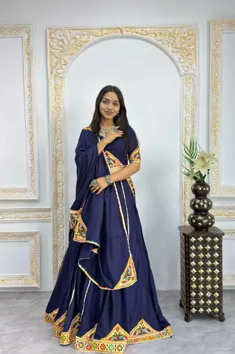 New Fancy Navy Blue Color Patch Work Lehenga Choli With Dupatta Set For Women's