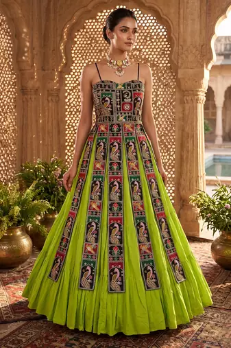 Parrot green designer lehenga with peacock embroidery