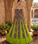 Parrot green designer lehenga with peacock embroidery
