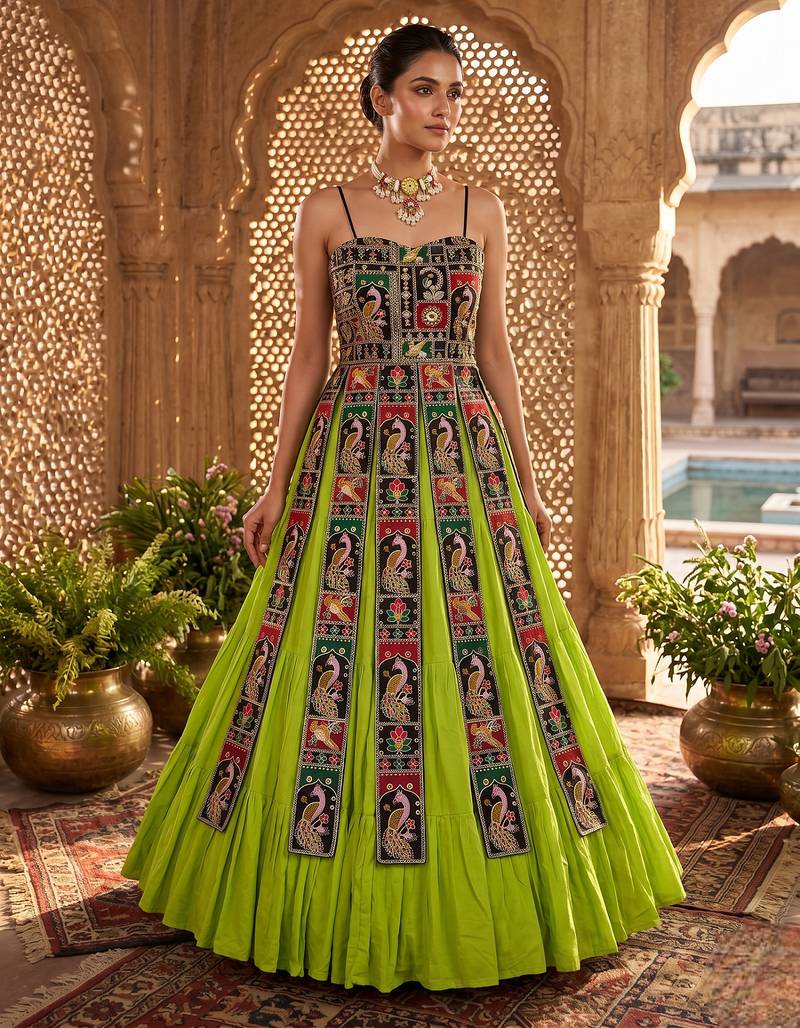 Parrot green designer lehenga with peacock embroidery