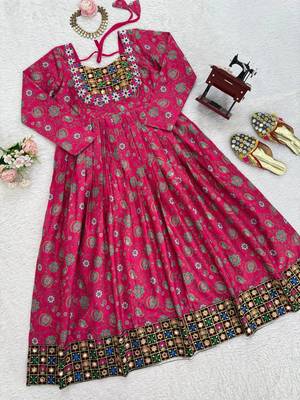 Rani pink cotton anarkali kurti with mirror embroidery 1